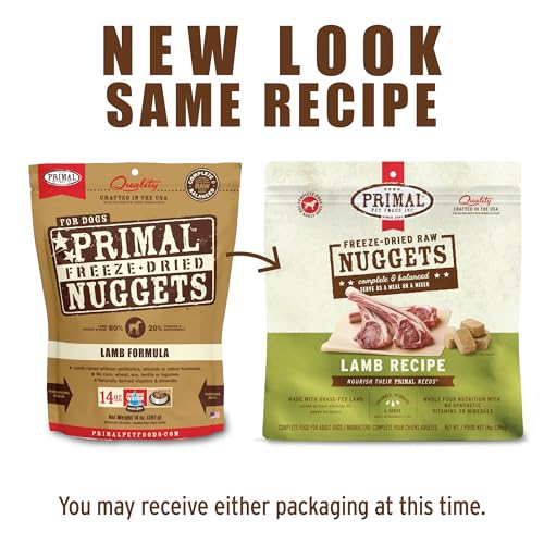 Primal Freeze Dried Raw Dog Food Nuggets, Lamb, Complete &amp; Balanced Meal, Also Use as Topper or Treat, Premium, Healthy, Grain Free, High Protein Raw Dog Food, 14 oz