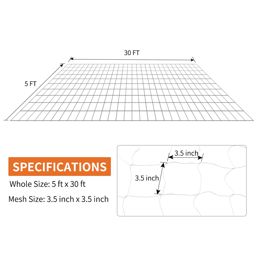 Heavy-Duty Polyester Garden Trellis Net Plant Support Netting for Climbing Plants Outdoor, Flexible String Net for Bean Pea, White Grow Tent (4.9Ft x 30Ft, 3.5 Opening Mesh, 1 Pack Plant Net)