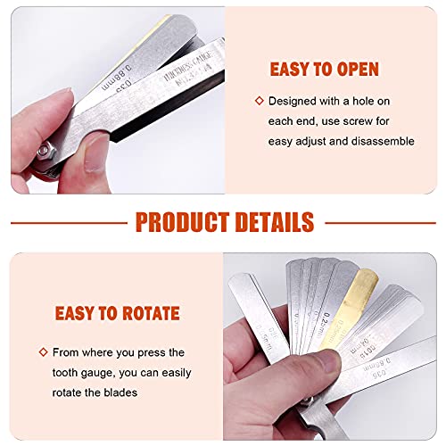 6Pcs Stainless Steel Feeler Gauge and Radius Gauge Set, 5Pcs R0.3-1.5/ R1-6.5/ R7-14.5/ R15-25/ R25-50 Radius Fillet Gauge with 32 Blades 0.04-0.88 mm Metric and Imperial Gap Measuring Tool