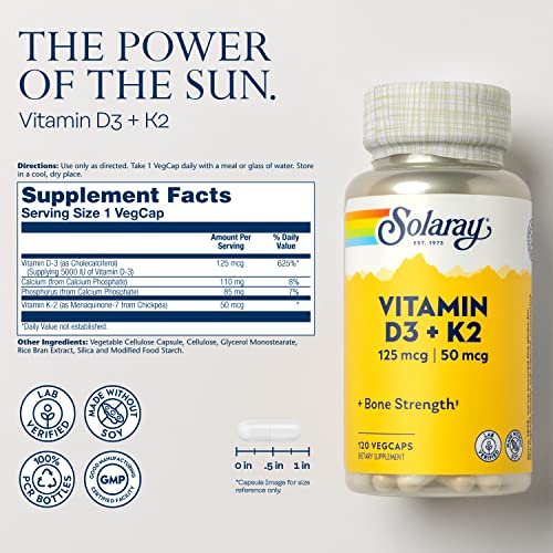 Vitamin D3 K2 - Bone Health and Immune Support Supplement - With 5000 IU Vitamin D as Vit D3 and 50 mcg Vitamin K2 as Menoquinone MK7, Made Without Soy, 60-Day Guarantee, 120 Serv, 120 VegCaps