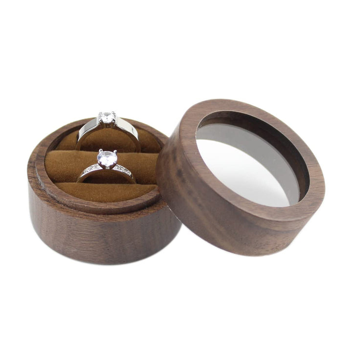 Round Wooden Jewelry Ring Box Transparent Lid Couple Rings Box for Engagement Wedding Box Two Slots Brown Velvet