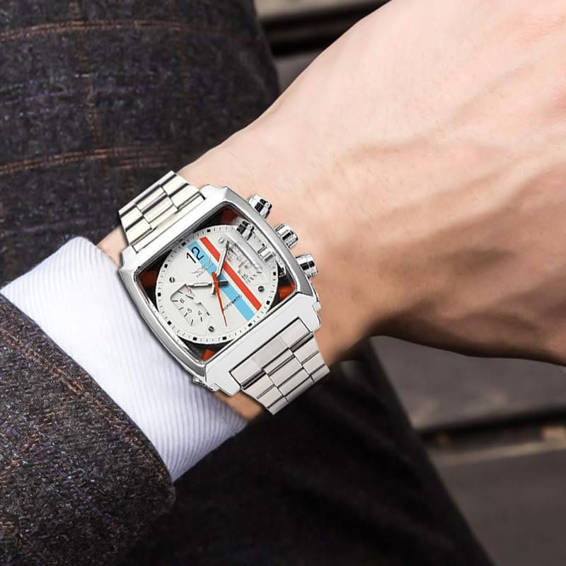 Mens Outdoor Sports Automatic Mechanical Analog Date Day Army Silver Stainless Steel Wrist Watch