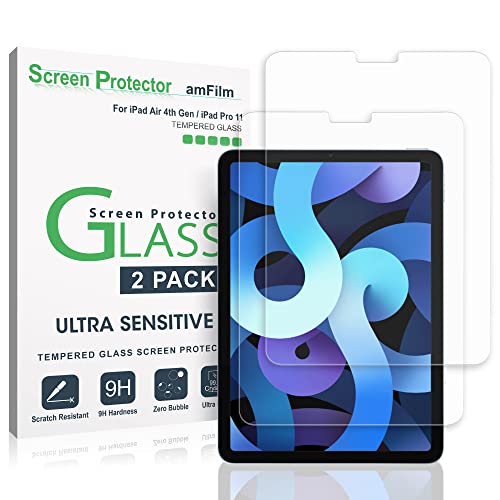 amFilm Screen Protector Compatible with iPad Air 5/Air 4/iPad Pro 11, Ultra Sensitive, Face ID &amp; Apple Pencil Compatible, Tempered Glass, 2 Pack