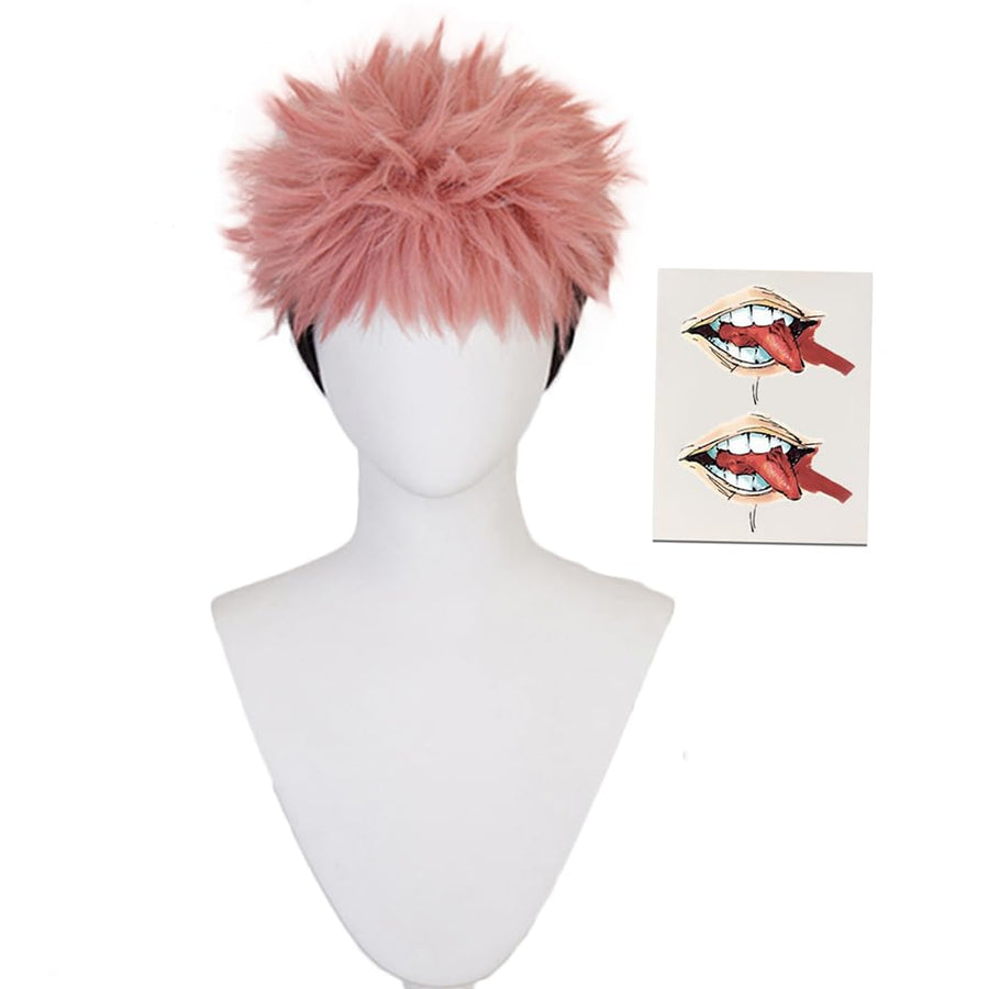 Anime Yuji Itadori Cosplay Wig and Tattoo Sticker Pink Mixed Black Short Curly Party Hair Halloween Props Accessory for adult