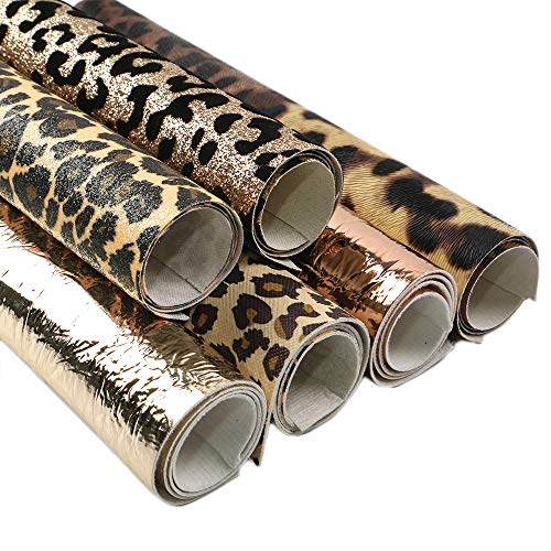 David angie Leopard Printed Faux Leather Sheet Metallic Burst Crack Synthetic Leather Fabric Assorted 6 PCS 7.7 x 12.9 (20 cm x 33 cm) for Hair Accessories DIY Crafts Making (Leopard Pattern B)