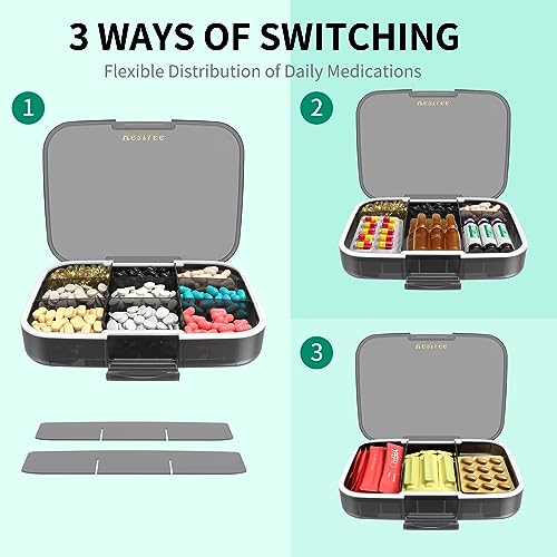 Restree Large Pill Organizer, Portable Pill Dispenser, Moisture-Proof Travel Pill Case for Vitamin, Medicine, Fish Oil/Supplements Extra Large 9 compartments (Black)