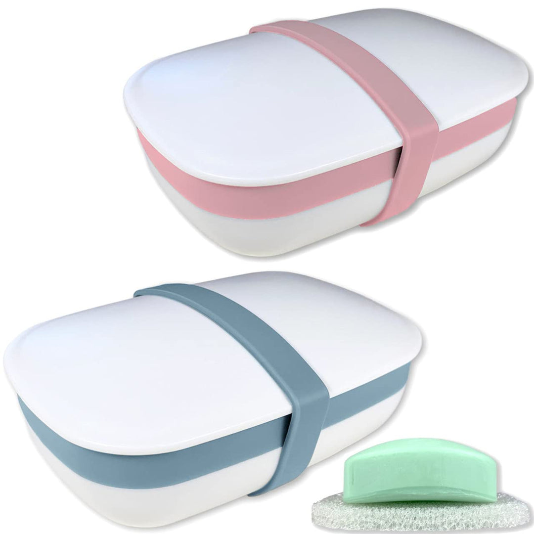 2Pack Travel Soap Holders, Soap Bar Box Dish Container Case,with Sponge Saver&amp; Band,for Travel (Blue &amp; Pink)