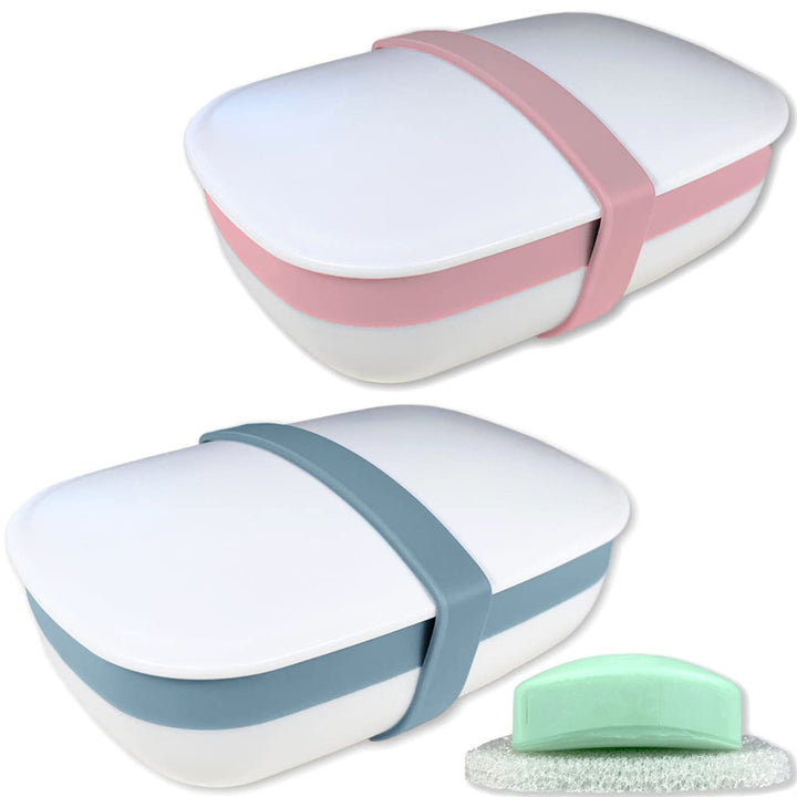 2Pack Travel Soap Holders, Soap Bar Box Dish Container Case,with Sponge Saver&amp; Band,for Travel (Blue &amp; Pink)