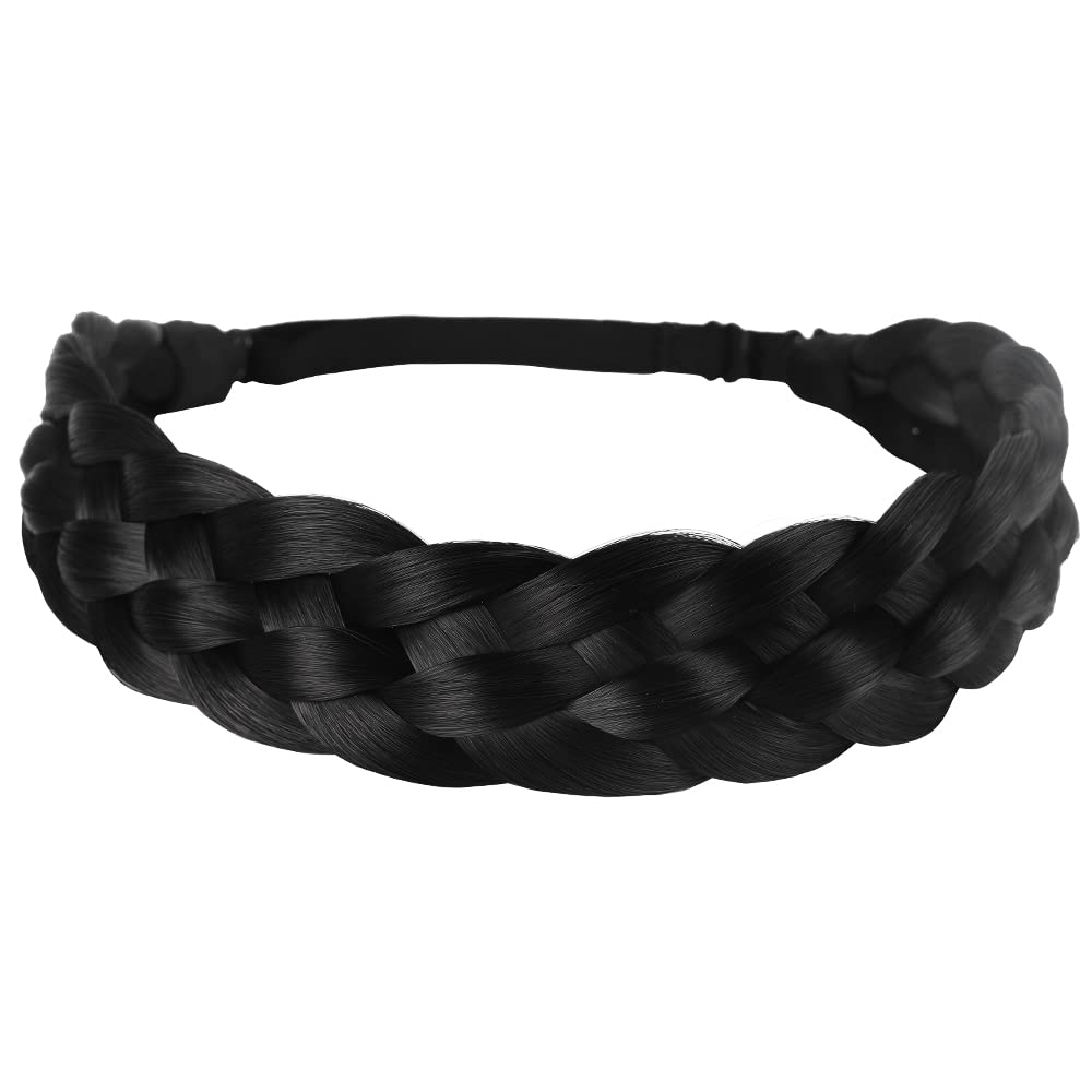 Elastic Synthetic Chunky Hair Braid 5 Strands Braids Hair Headbands Plaited Braided Headband (Jet Black)