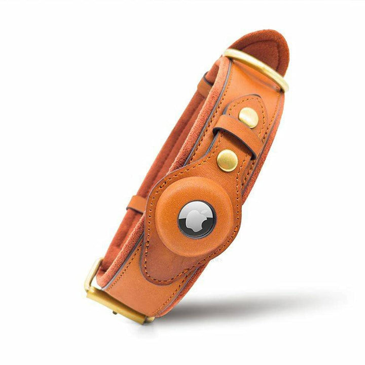 Apple AirTag Leather Dog Collar Smart GPS Collar with AirTag Holder (S, Brown)