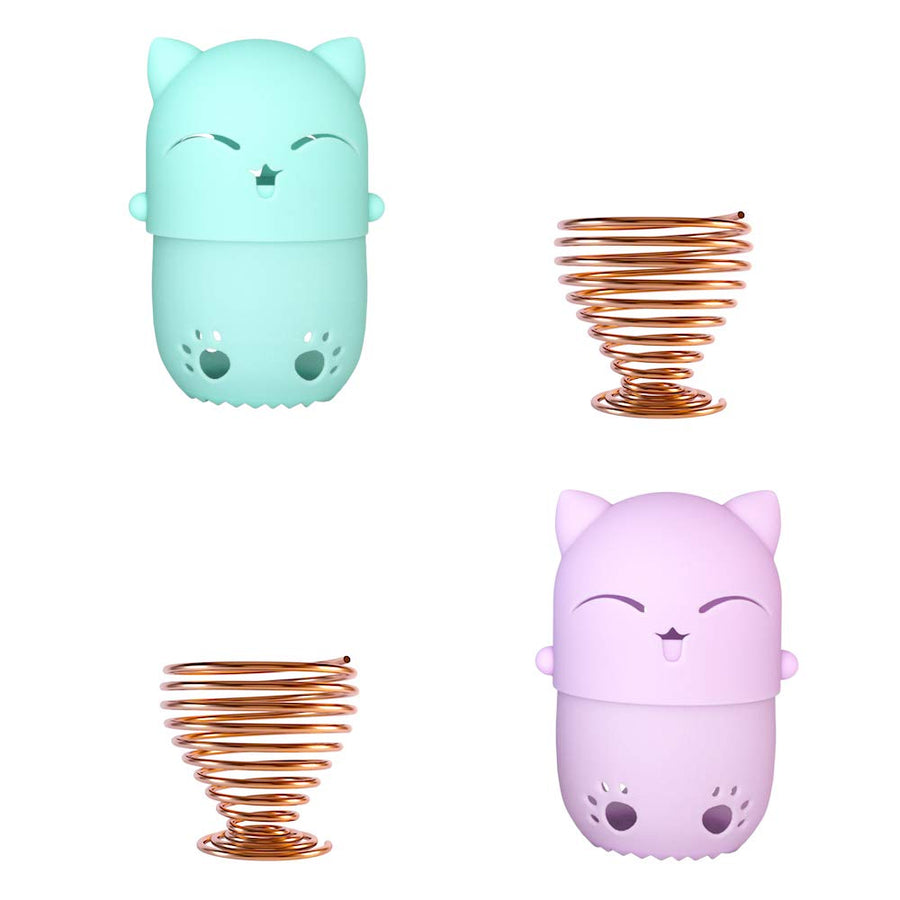 Makeup Sponge Case, Cute Cat Shaped Containers, Silicon made Perfect for Traveling, Keep Makeup Sponges in a Safe &Sanitary, with 2 Fashion Hair Clips &2 Sponge Holders (Green+Purple)