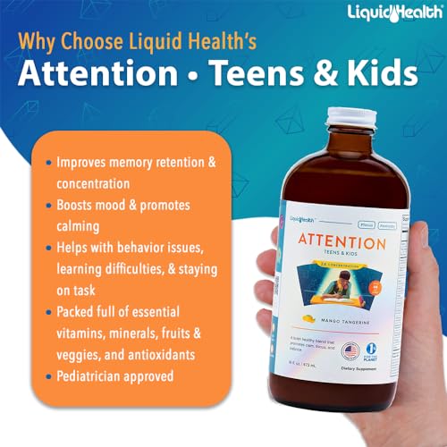 Attention Liquid Multivitamin for Kids &amp; Teens - Improves Memory Retention, Concentration, Focus, Mood, Relaxation &amp; Calming - Great Taste, Vegan, Sugar-Free (16 oz)