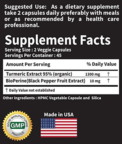 No Root Powder! 25 x Potency Turmeric Curcumin Ultra Pure Highest Purity 95% Made with Organic Extract 650 mg per Capsule - 90 Veggie Caps with BioPerine No Proprietary Blends!