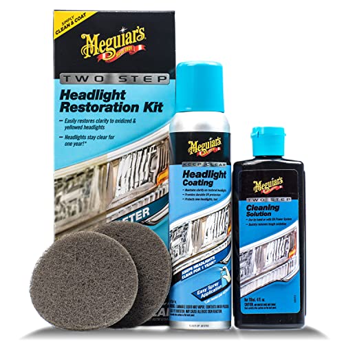 Meguiar&#39;s Two Step Headlight Restoration Kit, Headlight Cleaner Restores Clear Car Plastic and Protects from Re-Oxidation, Includes Headlight Coating and Cleaning Solution - 4 Count (1 Pack)