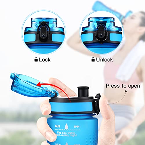 25 oz Water Bottle, BPA Free Tritan Thick Water Bottles with Handle Lid, Water Jug with Time Marker, Blue Color Leak-proof Water Bottle for Kids &amp; Adults