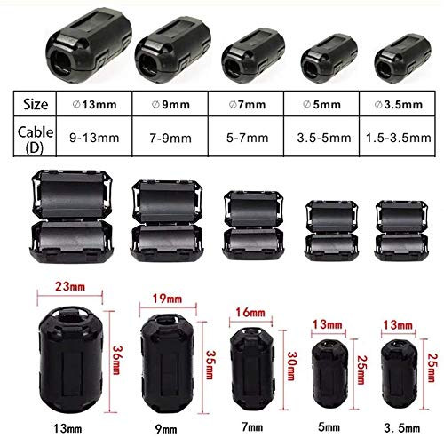 60 Pieces Clip-on Ferrite Ring Core RFI EMI Noise Suppressor Cable Clip for 3mm/ 5mm/ 7mm/ 9mm/ 13mm Diameter/Video Cable Power Cord (Black)