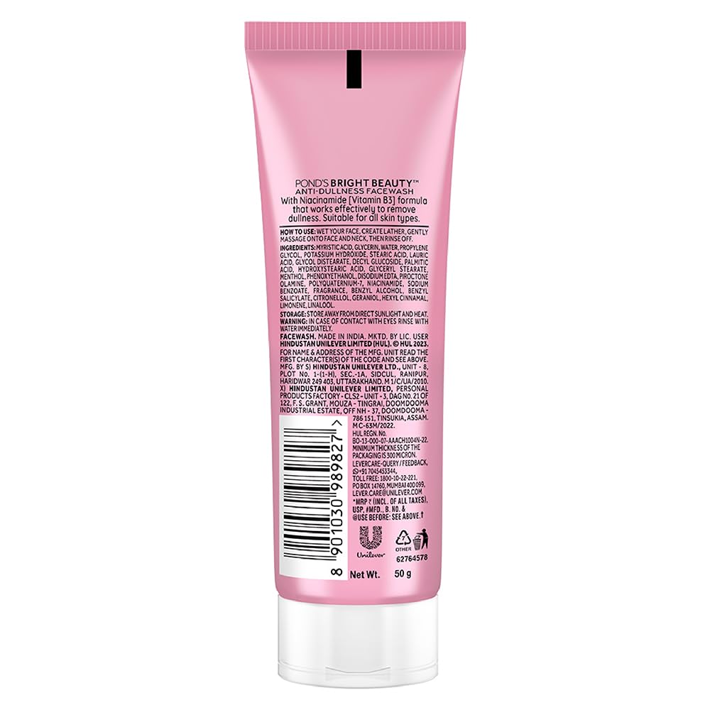 POND'S Bright Beauty Anti-Dullness & Brightening Facewash With Niacinamide | For Glass-Skin Like Shine And With 4X Visibly Brighter Skin, 50Gm