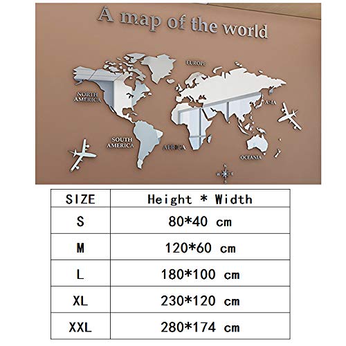 3D Wall Stickers - DIY World Map Wall Decal Sticker Murals Map Wall Décor for Living Room Bedroom TV Background Home Decorations(Silver,M: 120x60 cm)