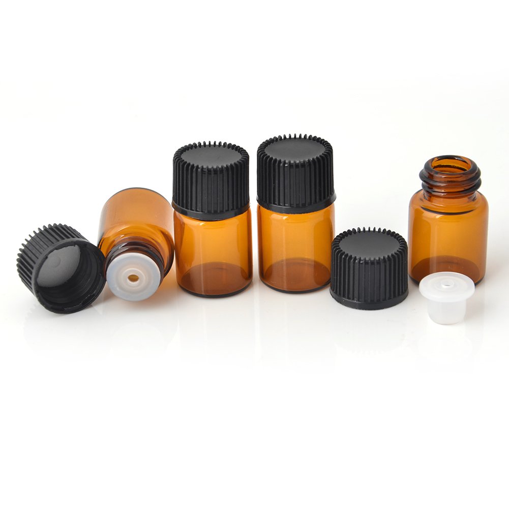 Mini Essential Oil Bottles Empty Sample bottle 1ml(1/4 dram) 2ml (5/8 dram) Amber Glass Bottle with Orifice Reducer and cap, With 2 Free Transfer Eye droppers(50 Pcs) (2ml)
