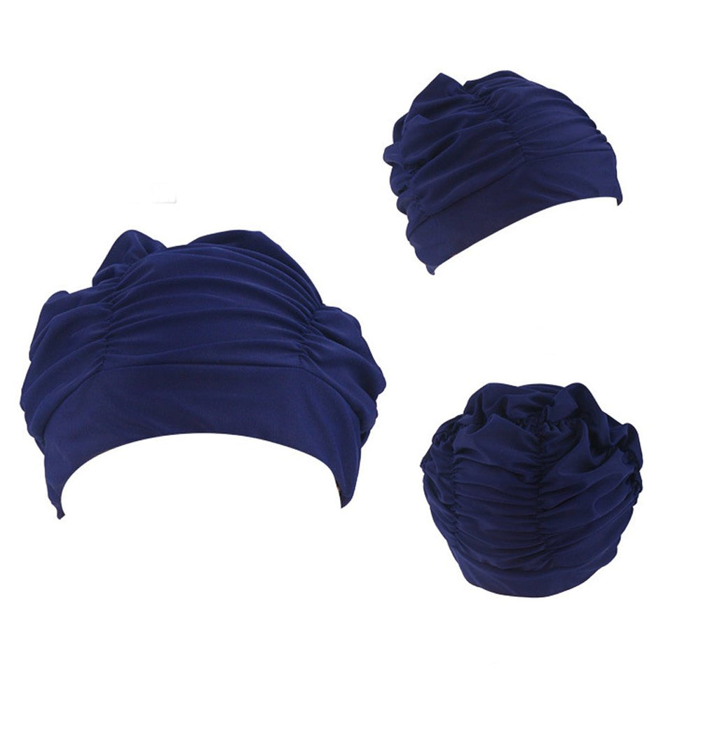Colorful Pleated Nylon Cloth Swim Cap Large Swimming Cap Hot Spring Bathing Caps for Adult Men Women Long Hair(Navy Blue)