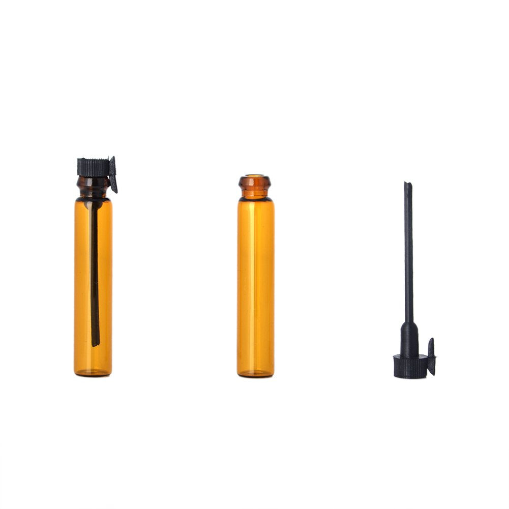 100Pieces Amber Glass Mini Small Empty Perfume Sample Bottles Travel Refillable Aromatherapy Essential Oils Liquid Fragrance Sample Vials With Black Caps (1ml)