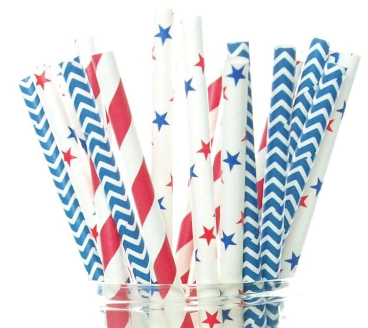 4th of July Straws USA Red, White &amp; Blue Paper 