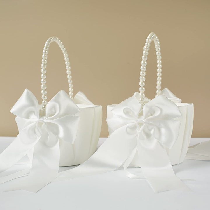 2 Pcs Wedding Flower Girl Baskets with Cute Pearl Handle Bowknot Satin Flower Baskets for Wedding Ceremony, Ivory