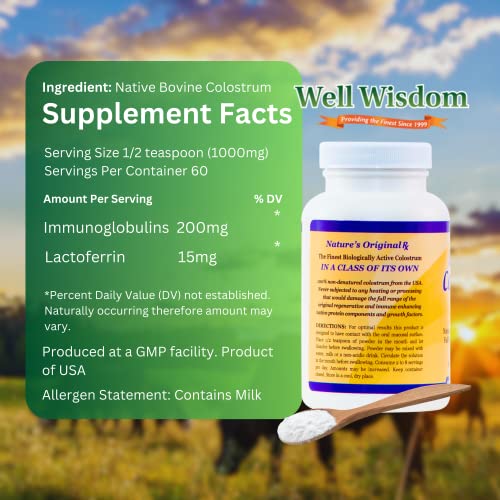Bioactive Colostrum Well Wisdom 60g Bovine Supplement Powder, Grass-Fed Year-Round Colostrum Powder Natural Immune Recovery Supplement