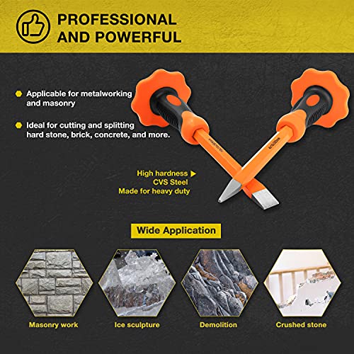 2 Pack Heavy Duty 12-Inch Chisels Set With Hand Protection, Point Chisel and Flat Chisel for Demolishing/Masonry/Carving/Concrete Breaker with Storage Case