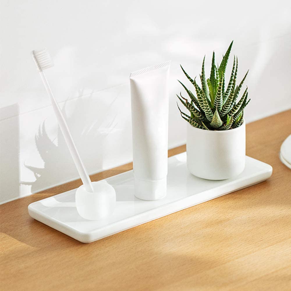 Ceramic Candle Tray Small Rectangle,Bathroom White Tray, Marble Tray, Organizer for Candle,Soap,Jewelry,Perfume,Towel Holder for Decoration Bathroom, Kitchen Sink, Counter, Restroom(Large)