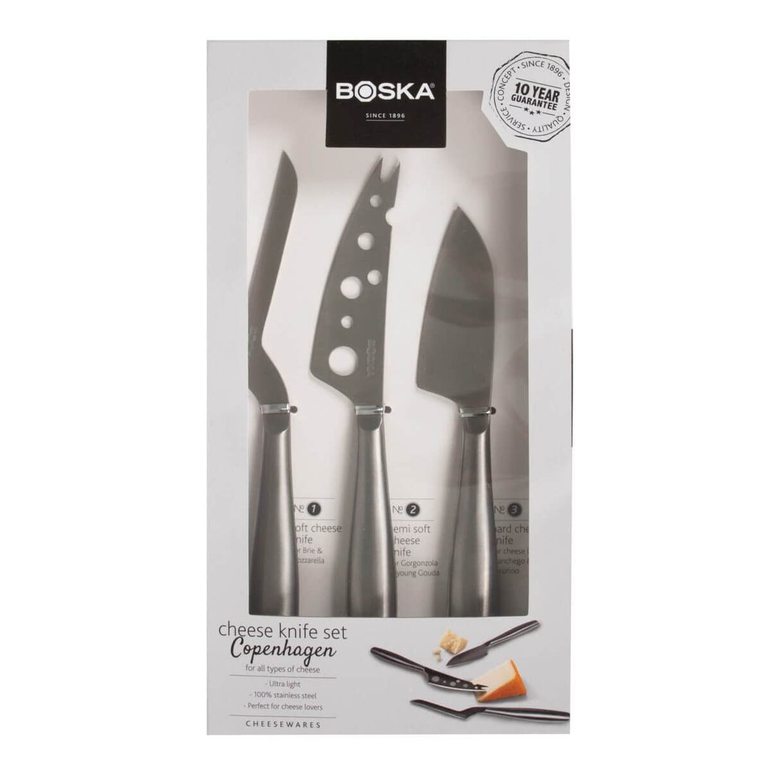 Boska Stainless Steel Cheese 3 Knife Set - Copenhagen For All Types of Cheese - Multi-Functional Cheese Slicer - Handheld Slicer - Silver Non-Stick - Dishwasher Safe - For Kitchen Cooking
