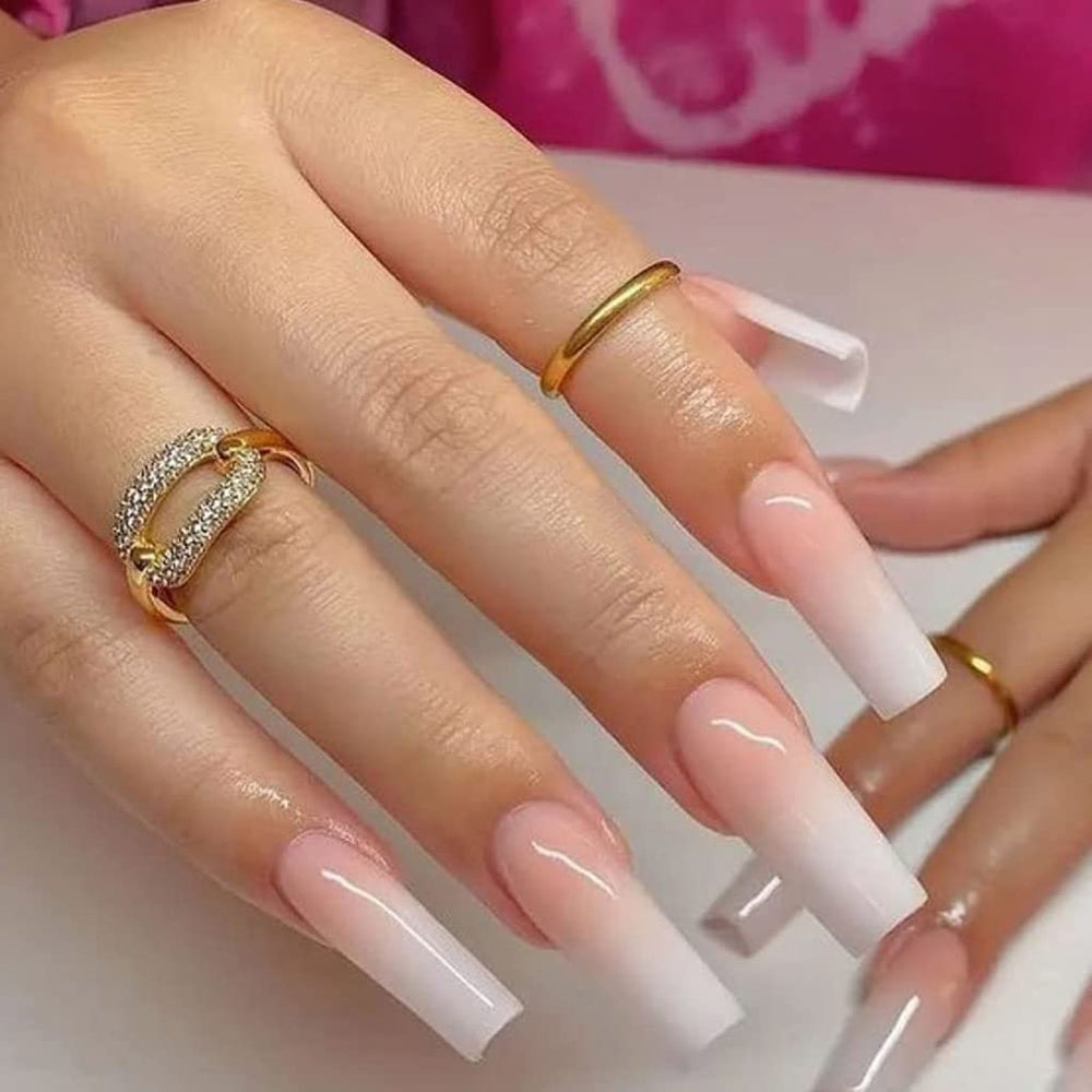 Glossy Square Press on Nails Long Squoval Fake Nails Nude Fake Fingernails Artificial Acrylic Nails False Nails for Professional and Beginner