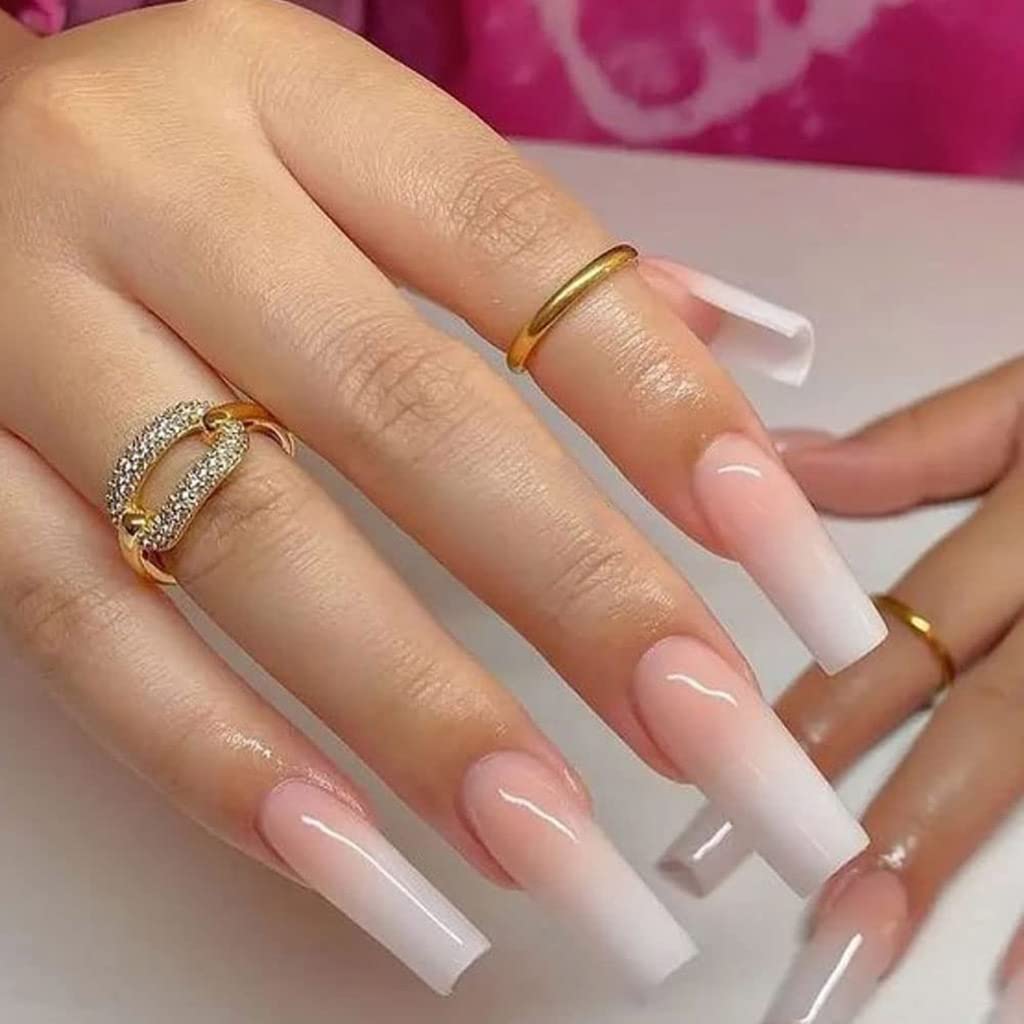Glossy Square Press on Nails Long Squoval Fake Nails Nude Fake Fingernails Artificial Acrylic Nails False Nails for Professional and Beginner