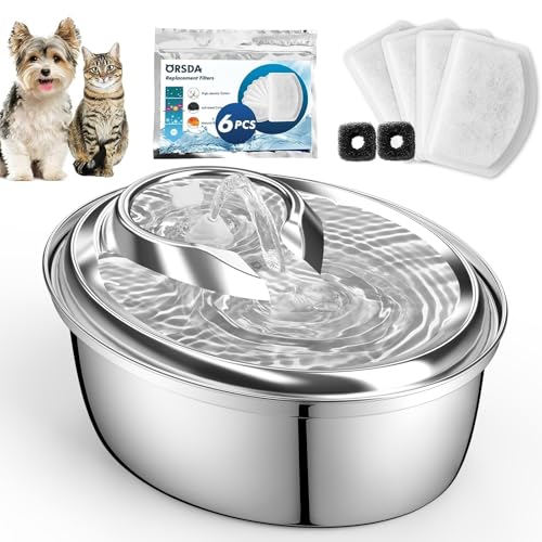 Cat Water Fountain Stainless Steel, 3L Automatic Pet Drinking Fountain for Cats Inside, Dog Water Dispenser with Adjustable Water Flow and 6 Replacement Filters for Cats, Dogs