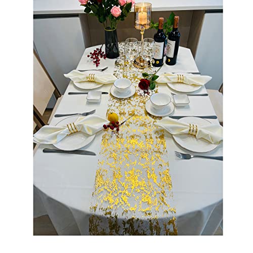 Gold Table Runner 2 Pieces, Sequin Glitter Foil Metallic Mesh Gold Table Runners Roll 11x108 Inch, Gold Table Decorations for Wedding, Event Party, Birthday Party