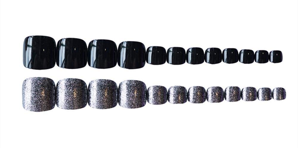 24Pcs Short Glitter False Toe Nails Full Cover Acrylic Feet Nail Art Tips Press On Fake Toenails Black