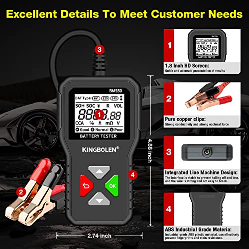 BM550 6V 12V 24V Car Battery Tester, 100-2000 CCA Voltage Tester 2Ah-220Ah Internal Resistance Tester Accurate Digital Auto Battery Analyzer for Cars Trucks SUV ATV Boats Motorcycles Vehicle