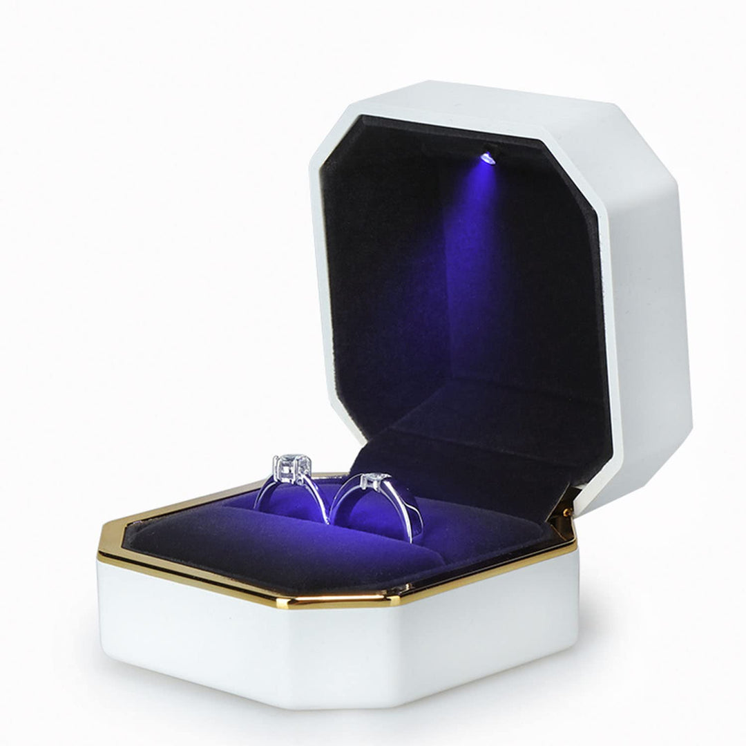 Luxury Ring Box, Square Velvet Wedding Ring Case Jewelry Gift Box with LED Light for Proposal Engagement Wedding, White