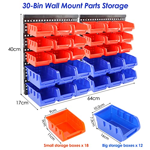 Wall Mounted Storage Bins Parts Rack 30Pcs Workshop Storage Bins Rack Garage Bolt Bins Organizer Hardware Bins Storage Bins for Nail,Screw, Bead, Button
