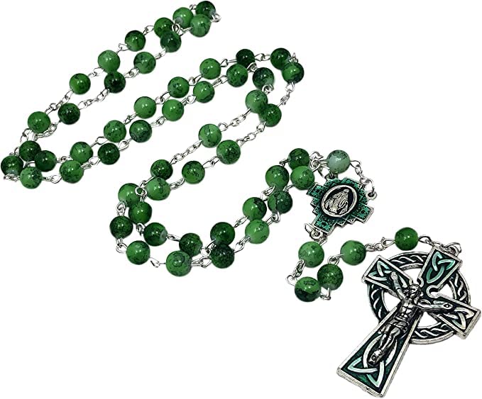 Catholic St Patrick Green Glass Marble Bead Rosary Gift Set