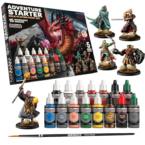- GameMaster Adventure Starter Paint Set Combo - 15 Fanatic Warpaints 18 ml -10 Acrylic Paints, 2 Effects, 2 Metallic, 1 Wash, 5 Miniature Figures, Starter & Medium Drybrush and Guide