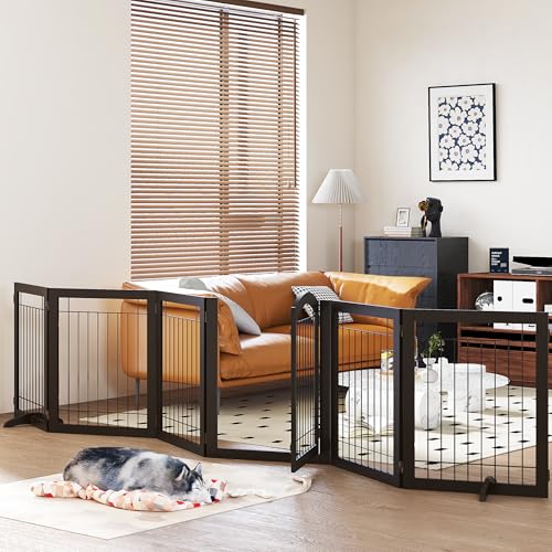 144-inch Extra Wide 30-inches Tall Dog gate with Door Walk Through, Freestanding Wire Pet Gate for The House, Doorway, Stairs, Pet Puppy Safety Fence, Support Feet Included, Espresso,6 Panels