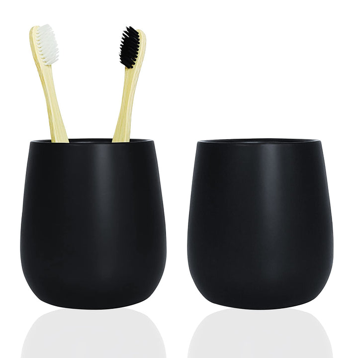 2 Pcs Matte Black Toothbrush Holders, Ceramic Tooth Brushing Organizer Stand for Toothpaste, Makeup Brush, Cutlery, Bathroom Decor, Countertop Dresser Storage