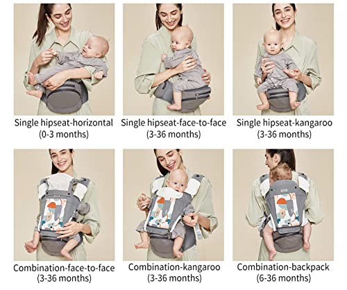 Bebamour Baby Carrier Newborn to Toddler-2 in 1 Hip Seat & Carrier Front and Back Carry with Head Hood & 3 Pieces Teething Pads& Waist Extenders & Storage Bag 0-36 Months (Green)