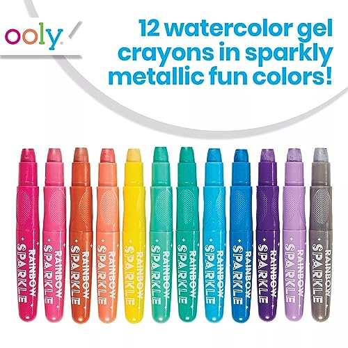 OOLY Rainbow Sparkle Gel Crayons for Kids and Adults - Set of 12 Watercolor Glitter Markers for Glass and Paper Surfaces with Clear Plastic Crayon Case - Easy To Clean Bright Metallic Color Crayons