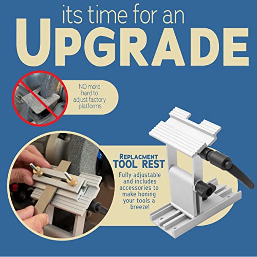 Adjustable Replacement Tool Rest Sharpening Jig for 6 inch or 8 inch Bench Grinders and Sanders •Includes a Pivoting Miter Slide and Flat Miter Slide for Easy Tool Honing