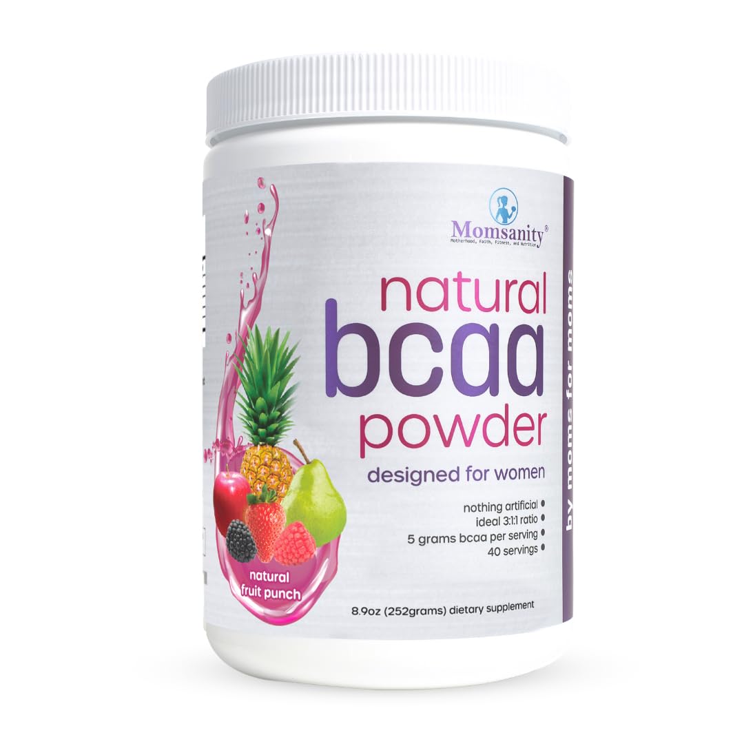 Momsanity BCAA Powder Preworkout for Women - Naturally Sweetened with Stevia, Erythritol, & Monk Fruit + Delicious Recipe Guide PDF | 3:1:1 Ratio of Amino Acids | 40 Servings (Fruit Punch)