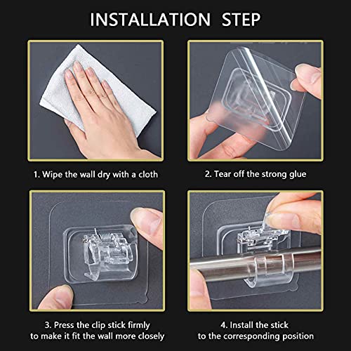 No Drill Curtain Rod Brackets 6 Pcs Curtain Rod Holder Self Adhesive Nail Free Adjustable Rod Bracket Transparent Fixing Hook for Hanging Curtains Towels Bath Towels Coats(2 Black S-Hooks Included)