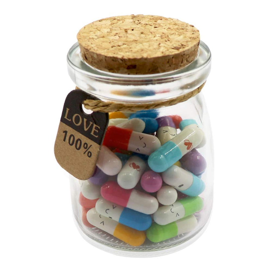 50Pcs Capsule Letters Message in a Glass Bottles, Cute Smiling Face Love Friendship Letter Colors Pill with Wishing Bottle, Message Pills for Boyfriend Girlfriend Lovers Family