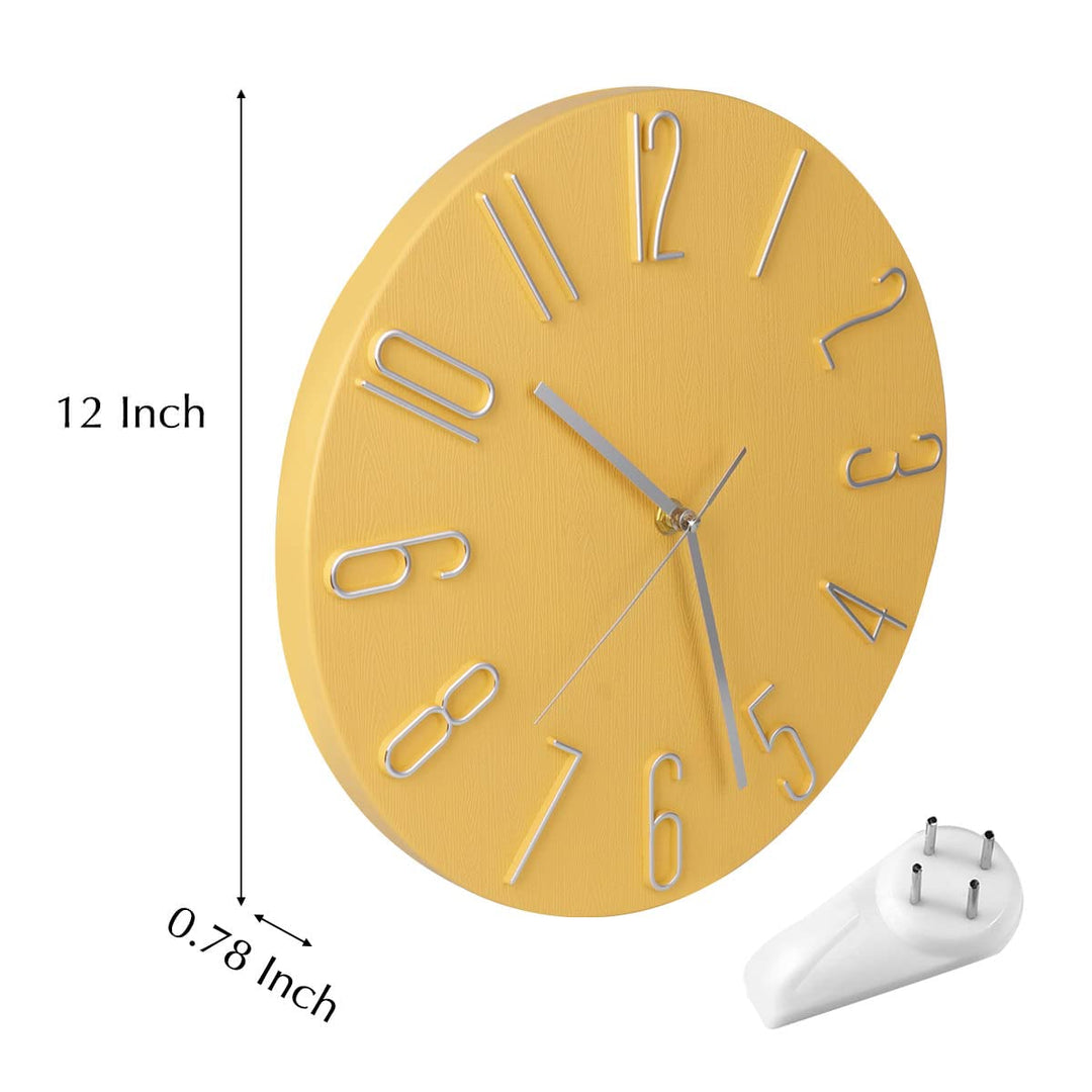 12 Inch Minimalist Yellow Analog Quartz Wall Clock, Battery Operated, Decorative, Unisex